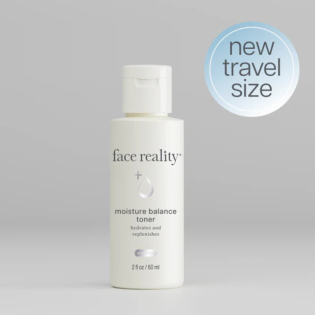 A white bottle labeled 'face reality moisture balance toner' with a capacity indication of 6 fl oz / 180 ml.