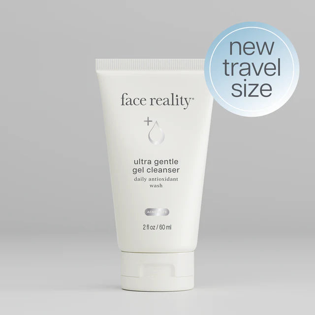 A tube of face reality ultra gentle gel cleanser against a white background.