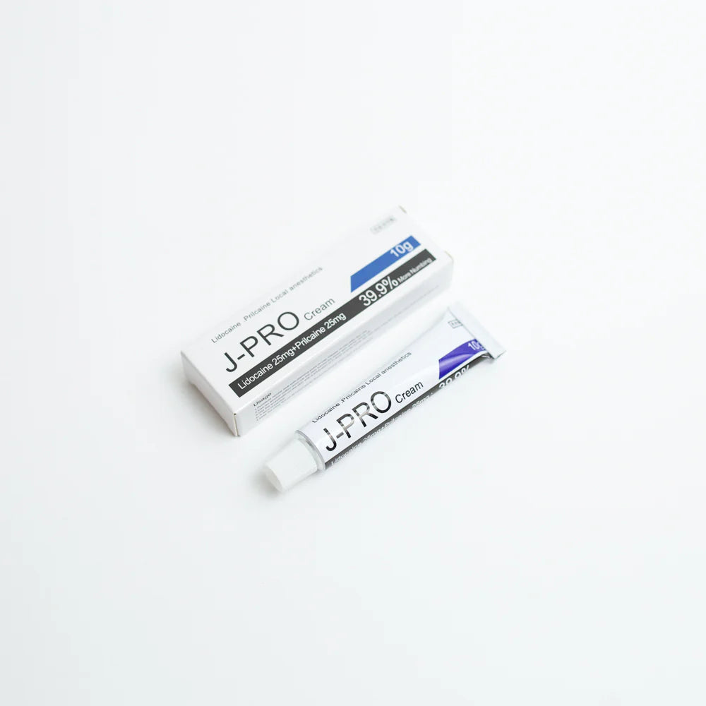 J-Pro Numbing Cream for microblading, with 5% Lidocaine & 1% Prilocaine, offering lasting pain relief.