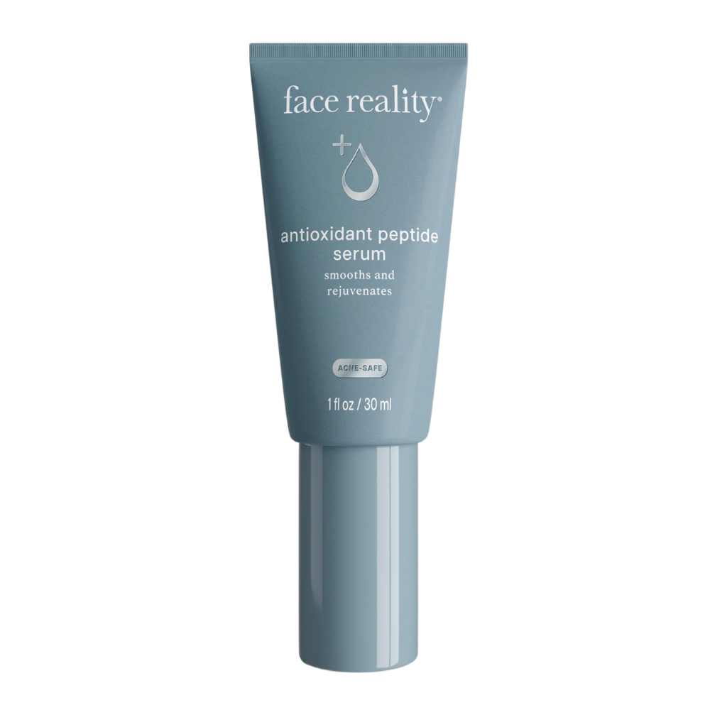 A tube of Face Reality Antioxidant Peptide Serum against a white background.
