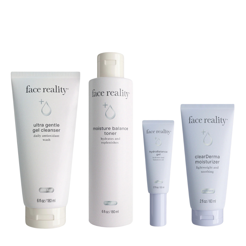 A set of four skincare products from Face Reality, including an ultra gentle gel cleanser, moisture balance facial toner, hydrating gel, and clearDerm moisturizer, all designed for normal or combination skin.