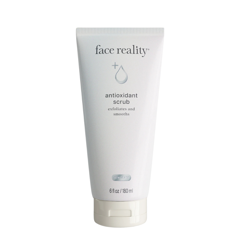 A tube of Face Reality Antioxidant Scrub with white labeling on a plain background.