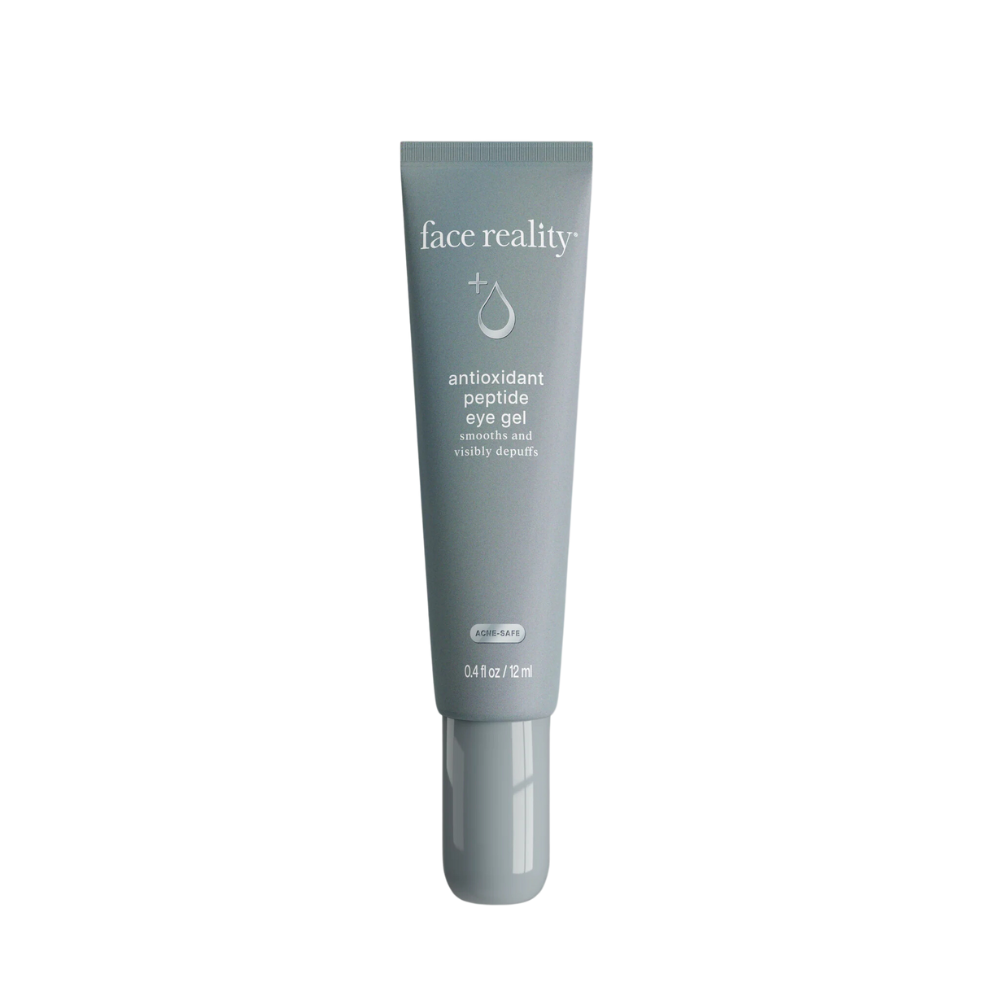 A tube of Antioxidant Peptide Eye Gel with the brand 'face reality' printed on it.