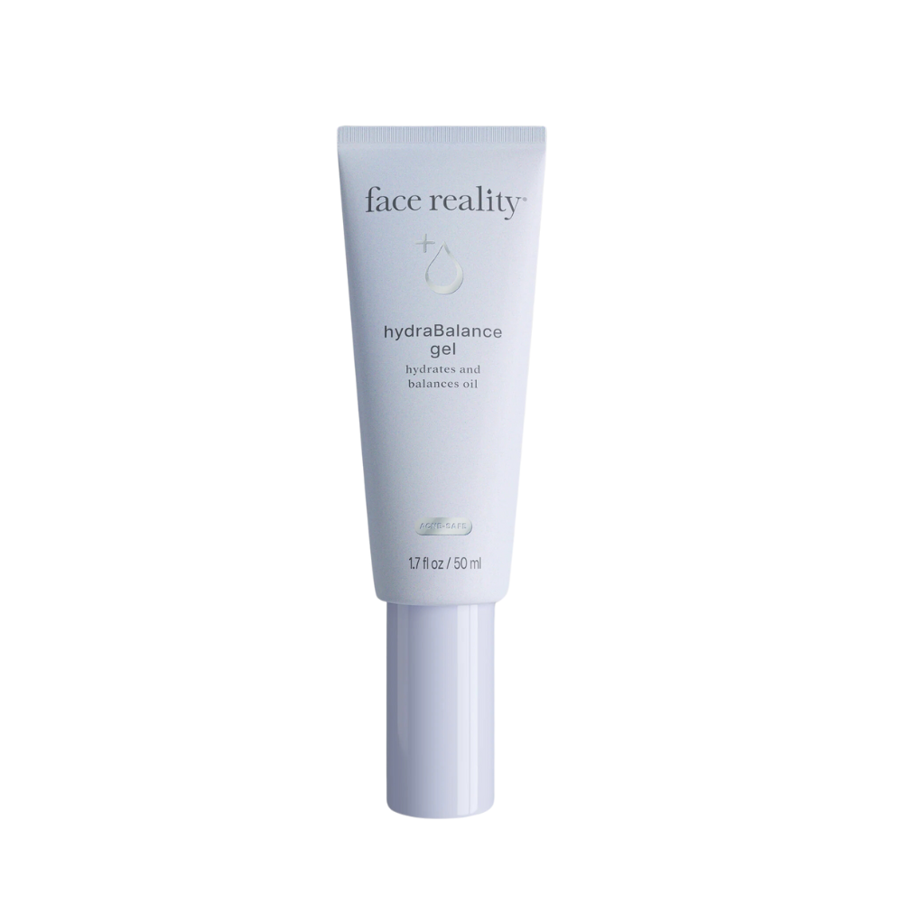 A tube of HydraBalance Gel by face reality, with white and green labeling, designed for applying to the face.