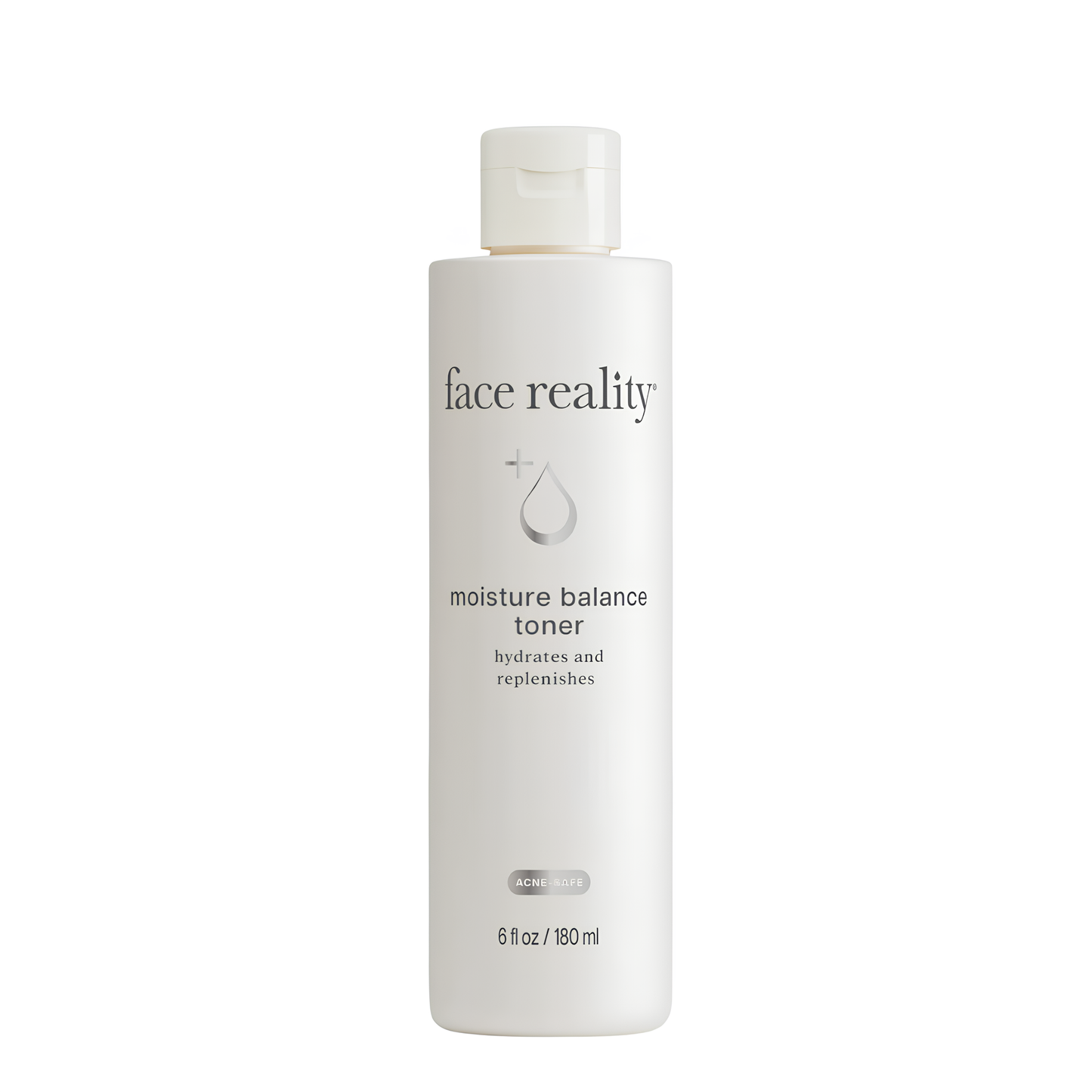 A bottle of 'face reality' moisture balance toner with a white label and cap, indicating it is a skincare product.