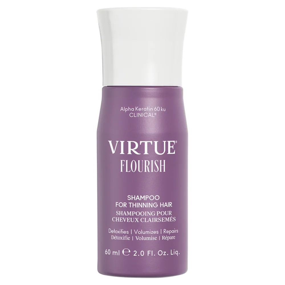 A travel-sized bottle of Virtue Lab Shampoo for thinning hair, with a purple label and 60ml volume indication.