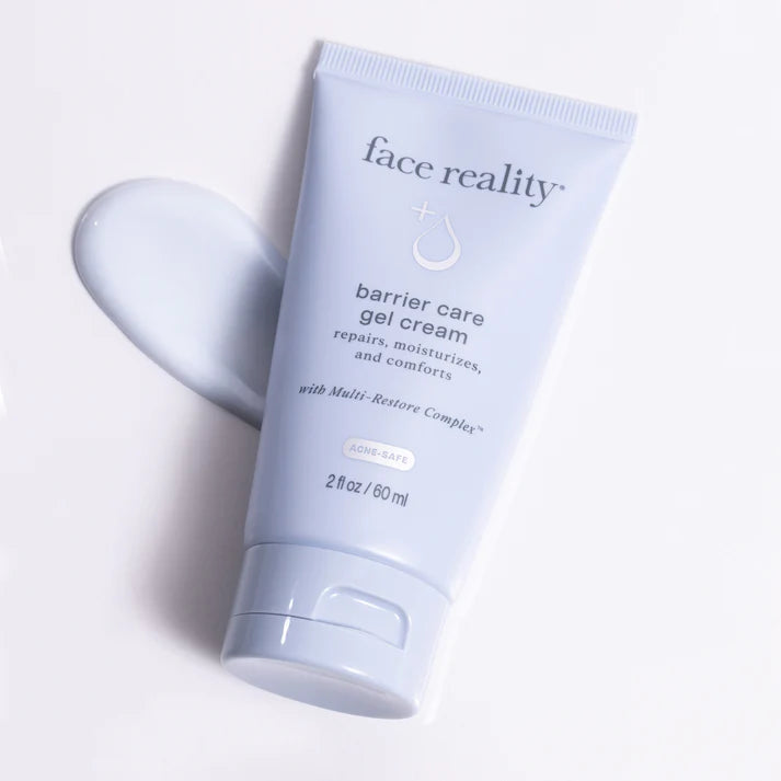 Tube of 'face reality' barrier care gel cream on a light background