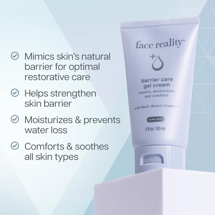 Tube of 'face reality' barrier care gel cream with product features listed on a light blue background