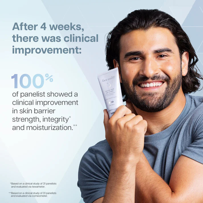 Man holding a skincare product with text about clinical improvement on a light blue background