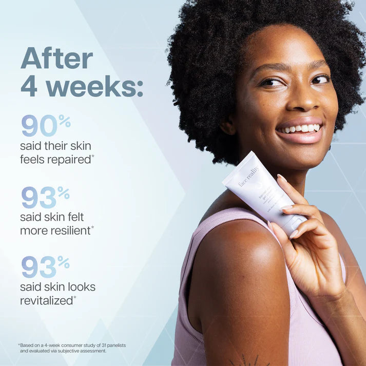 Woman holding a skincare product with text on a light blue background