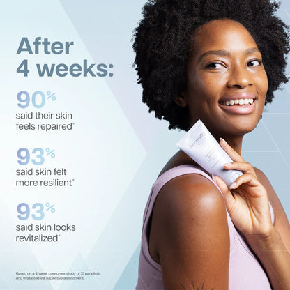 Woman holding a skincare product with text on a light blue background